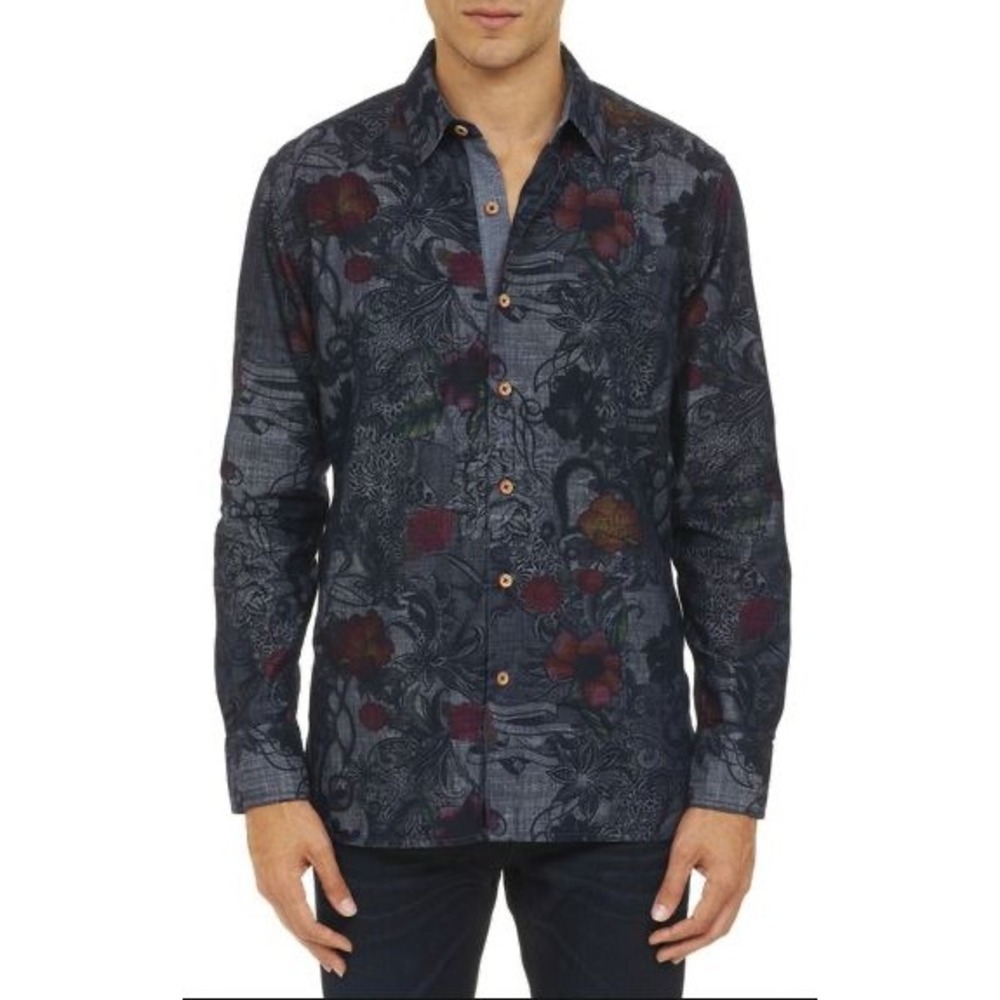 Robert Graham Long Sleeve Button Down Shirt Blue Floral Paisley Lake Wanaka XL